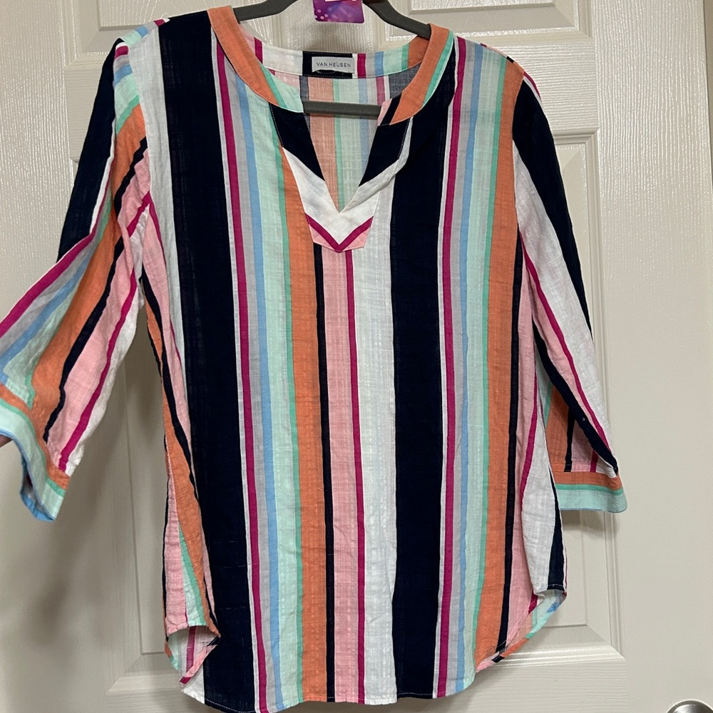 Van Heusen Vibrant Striped Top Cotton Rayon Black White Berry Coral Aqua lightw